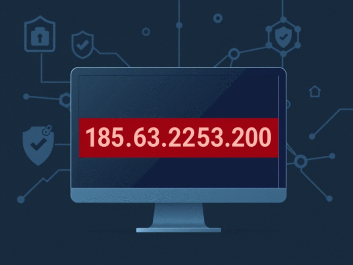 A modern digital illustration showing an IP address on a computer screen with a red error icon next to it. The screen displays the IP '185.63.2253.200' highlighted in red to indicate invalidity. Background includes cybersecurity elements like a firewall icon, shield symbol, and network nodes. The overall style is clean, tech-focused, and professional.