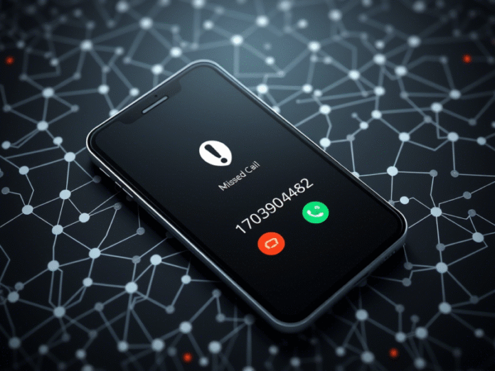 A smartphone screen showing a missed call from the number 17029009482, with warning symbols like an exclamation mark and shield icon, set against a digital background representing cybersecurity and communication. The interface should look realistic and professional, suggesting telecommunication alerts and user caution.