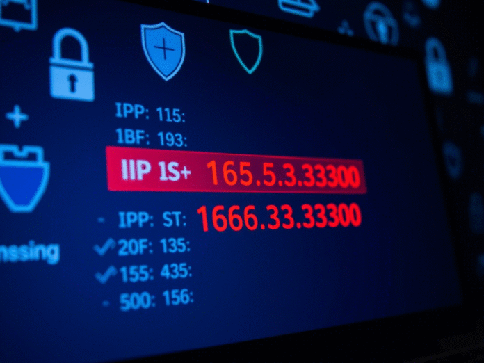 A digital illustration showing a computer screen displaying suspicious IP address logs, highlighting the IP address 185.63.253.300 in red. The background should include cybersecurity icons such as a firewall, shield, and warning symbols. The overall tone should be professional and tech-savvy, with a dark or blue theme to reflect network security.