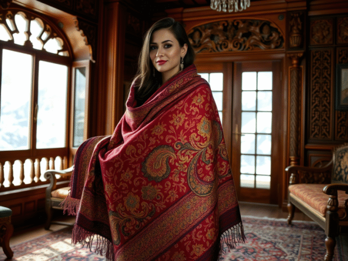 Elegant woman wearing a KCS Kashmir Shawl EM with intricate embroidery, standing in a traditional Kashmiri setting