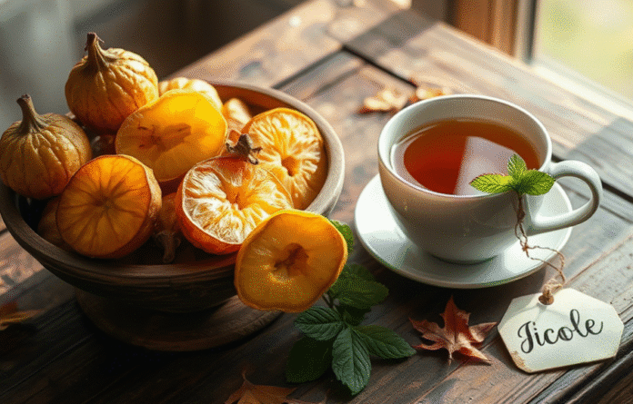 A rustic wooden table with a bowl filled with fresh and dried Žižole (jujube) fruits. Some fruits are sliced open to show their texture. A small teacup with Žižole tea and a sprig of mint is beside the bowl. The background includes soft natural lighting with a few scattered autumn leaves and a handwritten tag that says “Žižole” in elegant cursive. Warm, earthy tones dominate the scene, giving it a cozy and inviting feel.